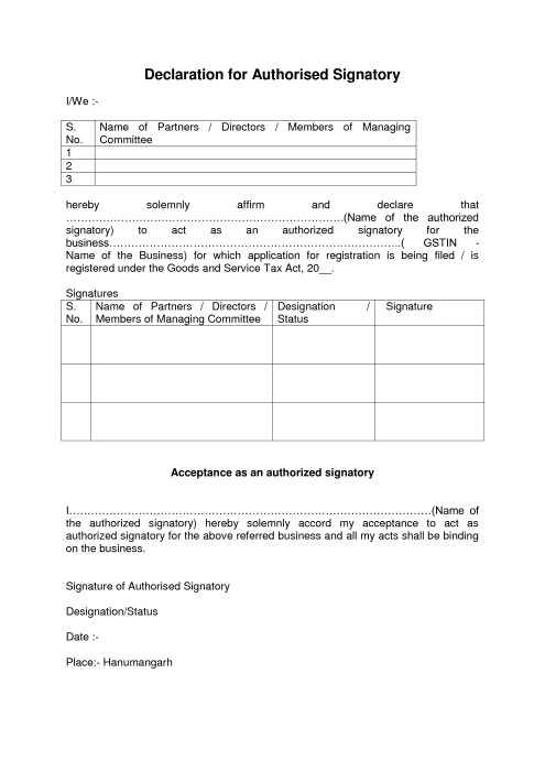 Declaration Of Authorized Signatory Format In GST