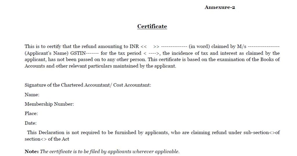 CA certificate for refund in GST format
