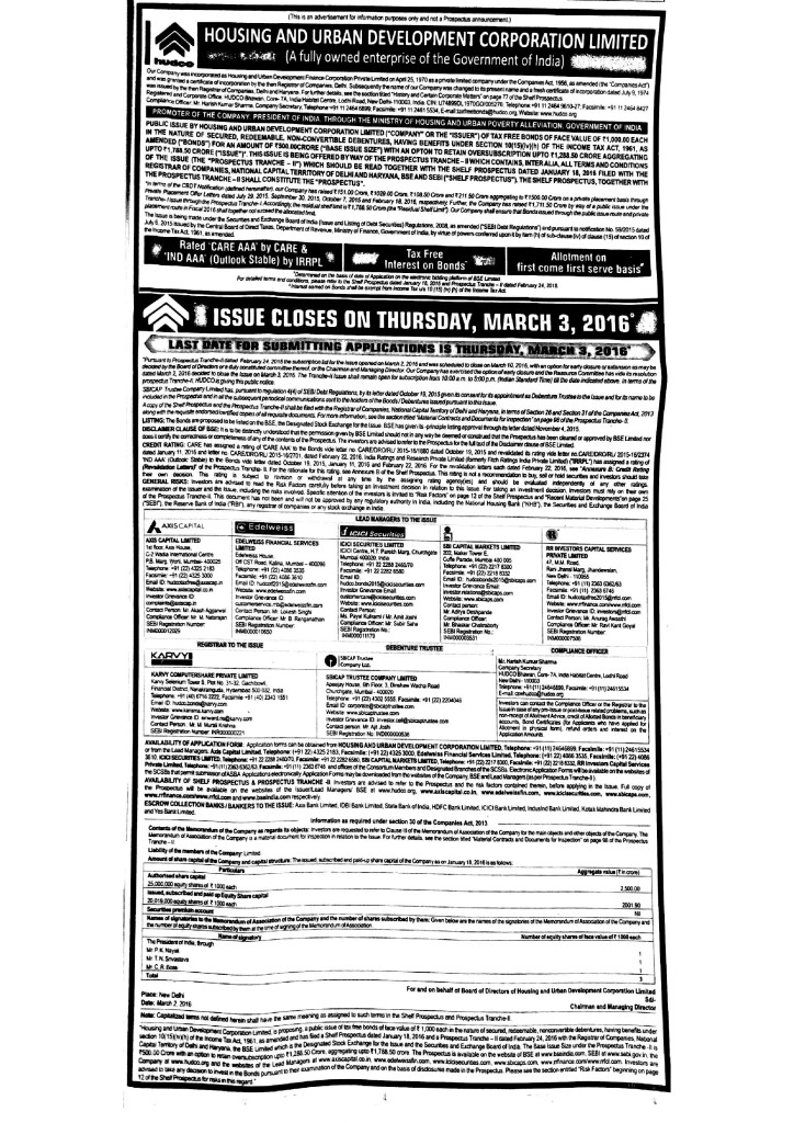 Early Closure of HUDCO Tax Free Bonds 2016 Tranche 2 Early Closure of HUDCO Tax Free Bonds 2016 Tranche 2