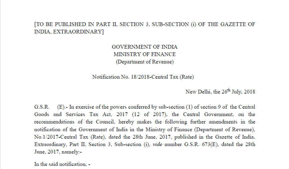 Notification No. 18/2018-Central Tax (Rate)