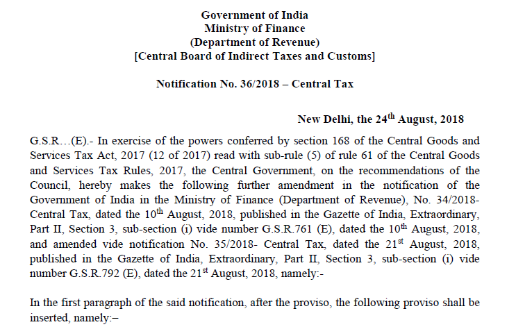Notification No. 36/2018 – Central Tax