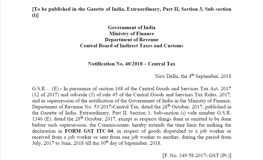 Notification No. 40/2018 – Central Tax