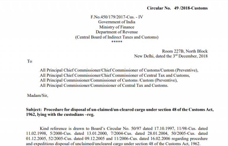 Circular No. 49 /2018-Customs