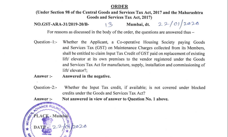 GST ARA order in case of M/s. Las Palmas Co-operative Housing Society Ltd.