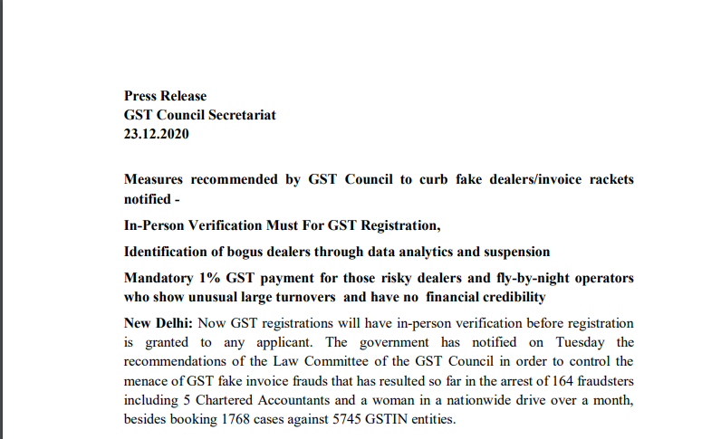 Measures recommended by GST Council to curb fake dealers/invoice rackets