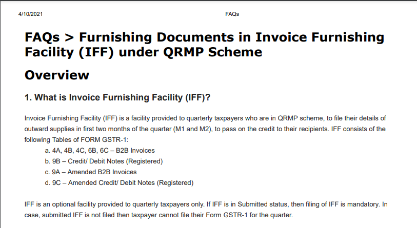 FAQs on Furnishing Documents in Invoice Furnishing Facility (IFF) under QRMP Scheme: GSTN.